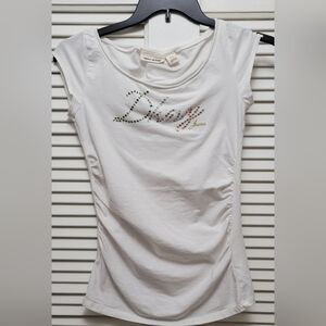 Vintage DKNY JEANS S White Rhinestone Scoop Neck Cap Sleeve Stretch Knit Top